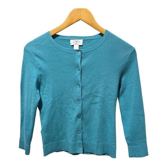 Ann Taylor Sweater‎ Womens Petite Extra Small Blue Teal Cardigan Twee - Picture 2 of 5